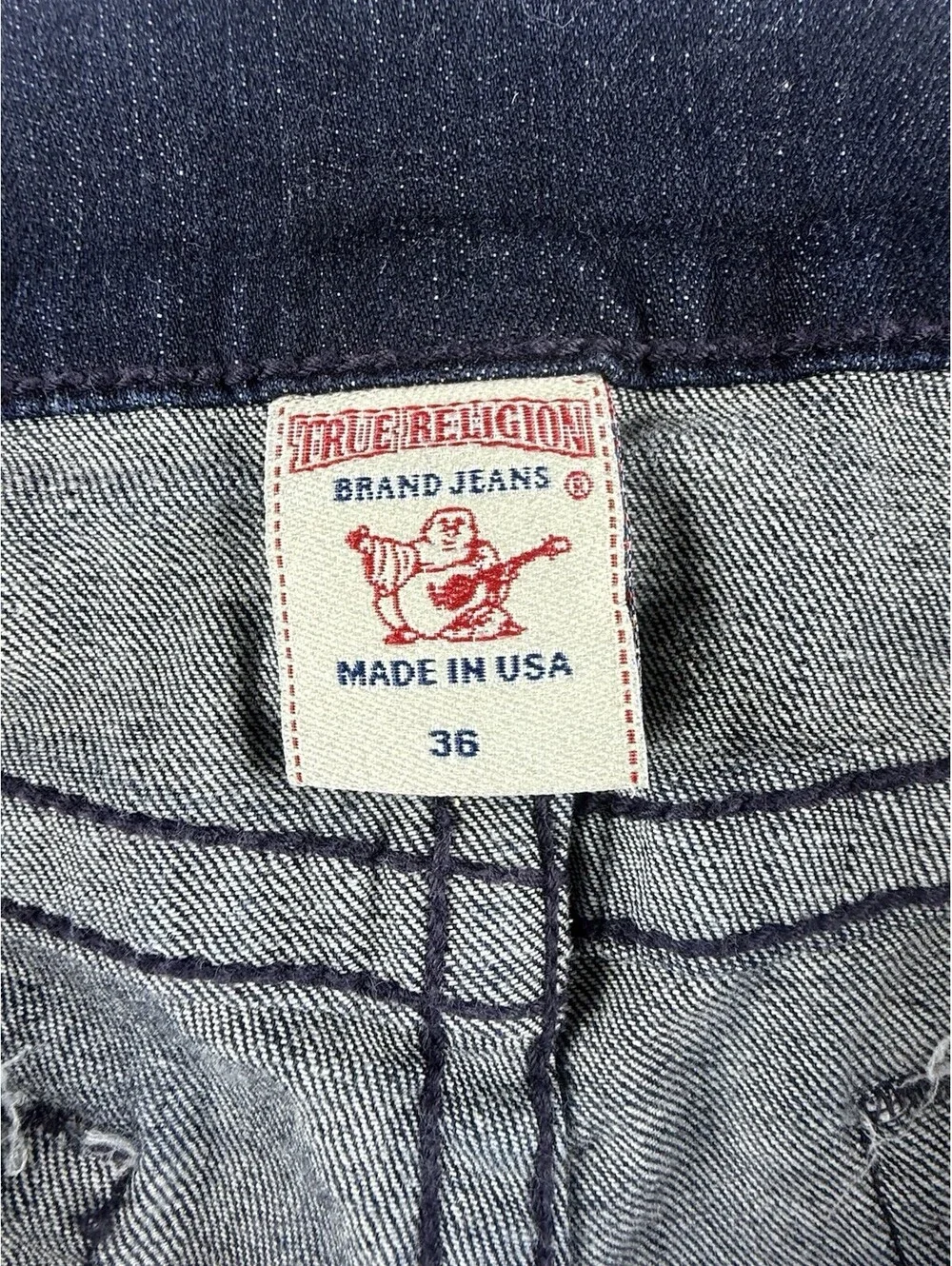 True Religion Bobby Camo Jeans Mens 36 Made USA Blue Straight Stretch Denim Y2K